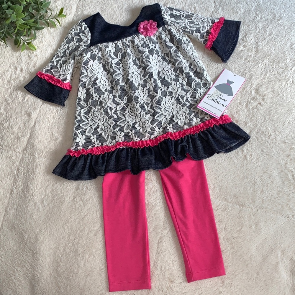 NWT Rare Editions 2 pc. Outfit 24M Pink Leggings Lace Overlay Top 💗